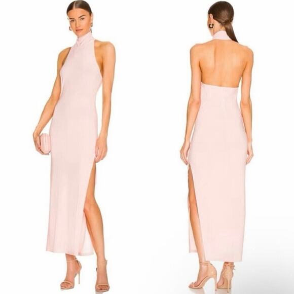 Norma Kamali Halter Turtle Side Slit Gown In Blush - Picture 1 of 8